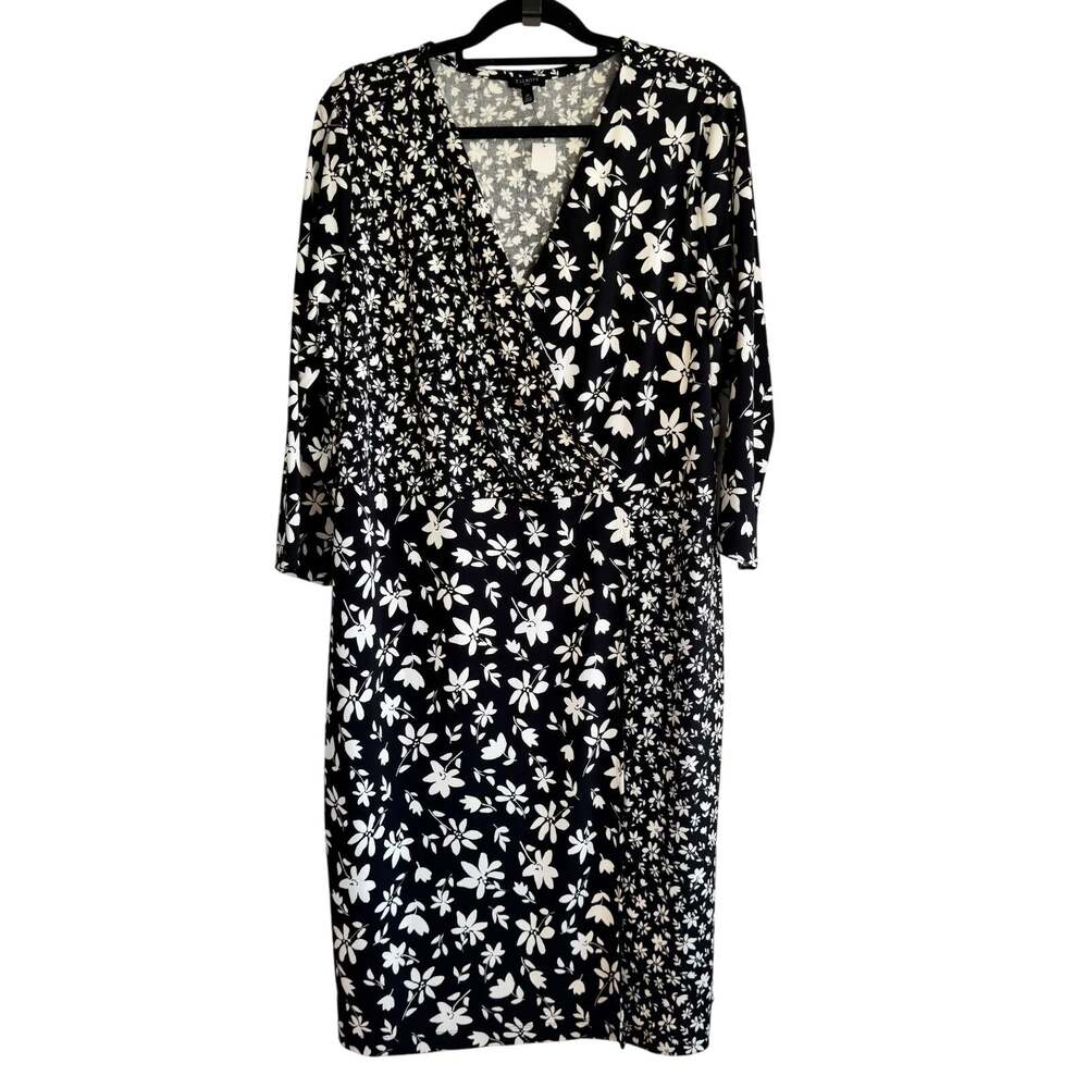 Talbots Ditsy Faux Wrap Jersey Dress Midi Black White Floral 3/4 Sleeve Sz 2X